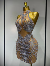 Luxury Rhinestones Mesh Transparent Prom Mini Dress Shinny Women Birthday Celebrate Party Prom Nightclub Outfit Stage Costume