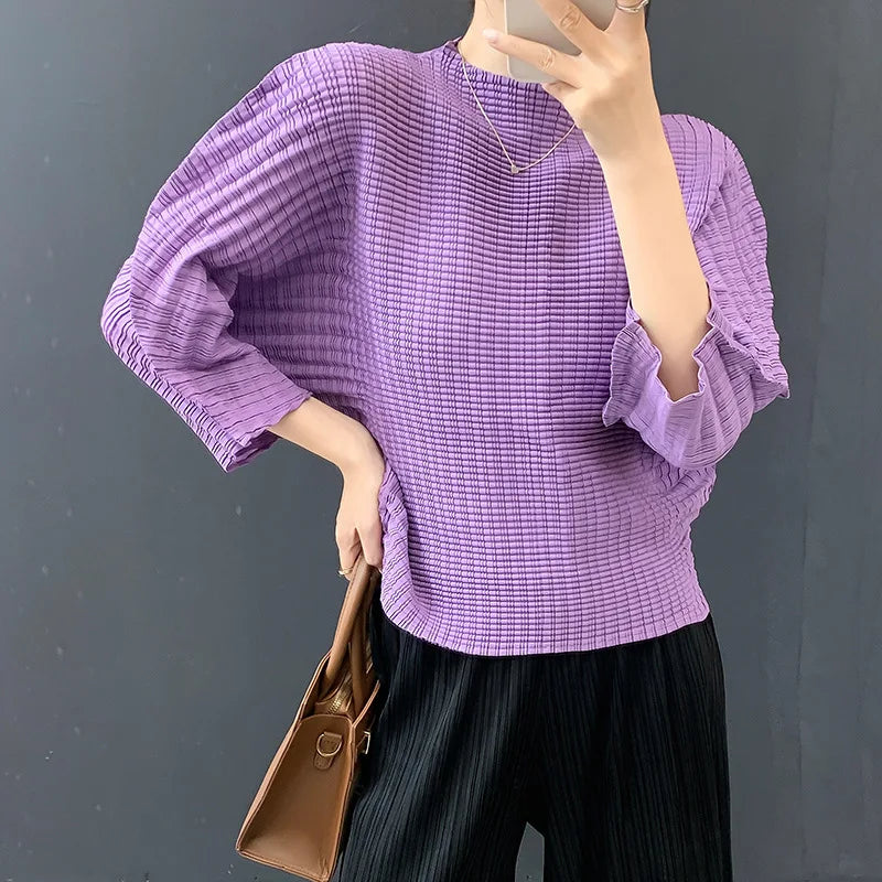 LANMREM Handmade Pleated Stand Collar Pullover Women's T-shirt 2025 Autumn Batwing Three Quarter Sleeve Loose Top New 2DB5251
