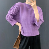 LANMREM Handmade Pleated Stand Collar Pullover Women's T-shirt 2025 Autumn Batwing Three Quarter Sleeve Loose Top New 2DB5251