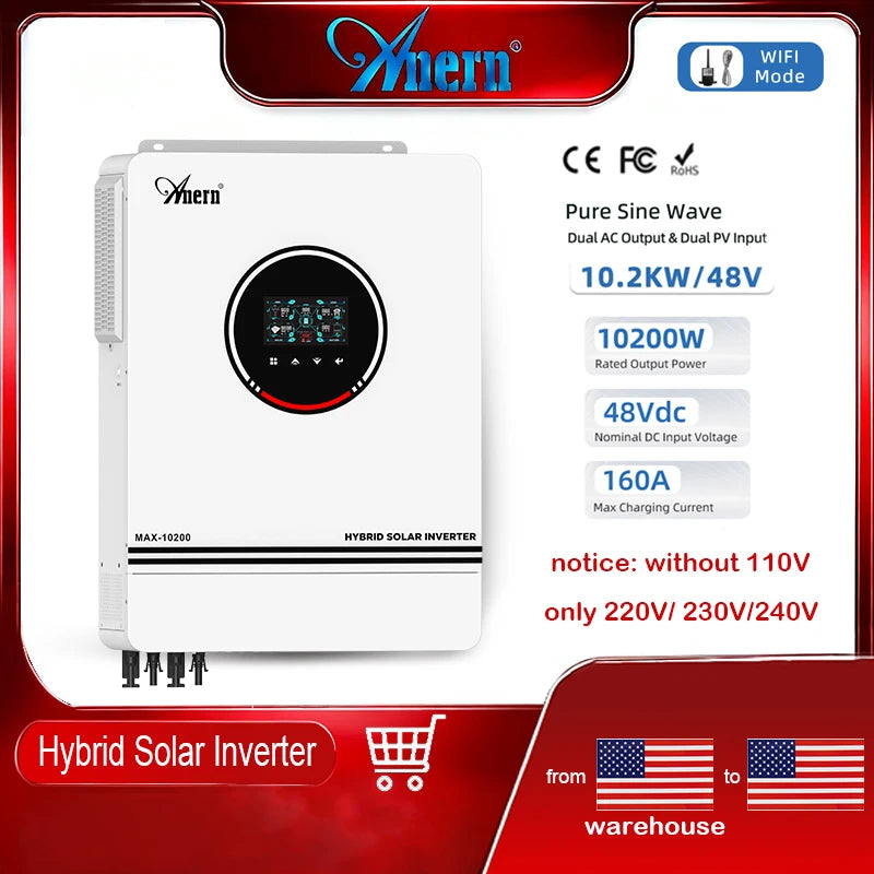 Anern 220V/230V/240V Inverter 10.2KW Hybrid Solar Inverter Build-in MPPT 160A 48V Off-grid Solar BMS Pure Sine Wave Inverter