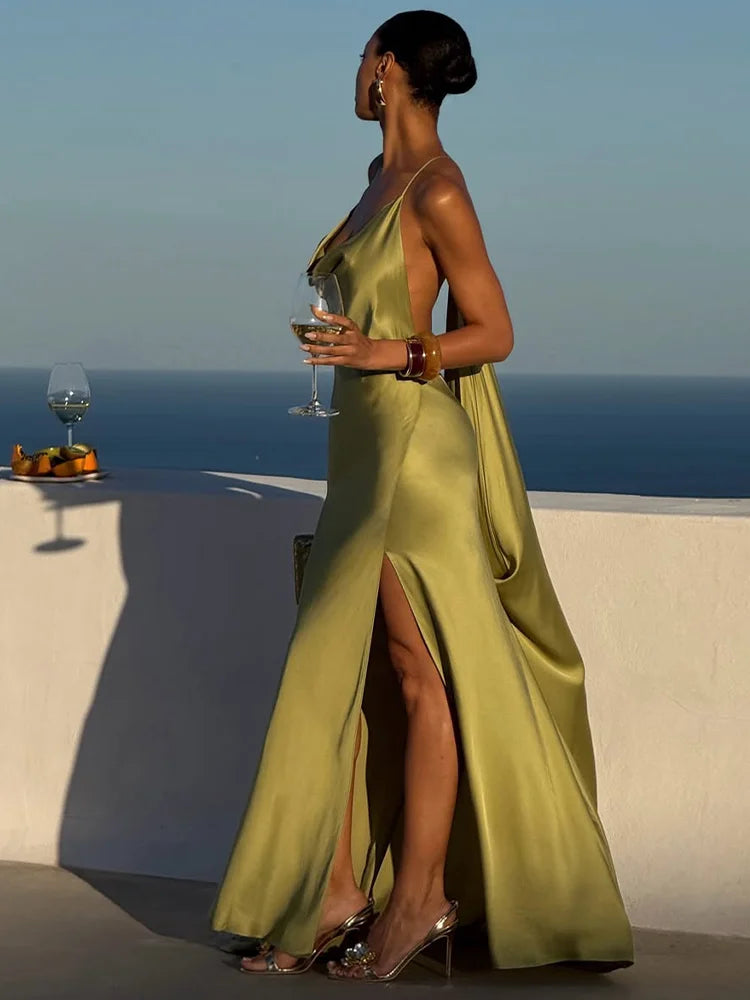 Sexy Satin Ruffles Sling Long Dress Women Ribbon Sleeveless Backless Split Dresses Lady 2026 Summer New Party Club Robes
