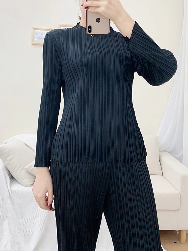 Miyake Pleated Classic Long Sleeved Tops Women Spring Autumn Elegant Causal T-shirt