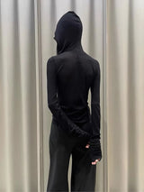 High Street Hooed T-shirt Women's Dark RO Spring New Item Micro Transparent Ribbed Knitted Base Hooded Long Sleeved Tshrts