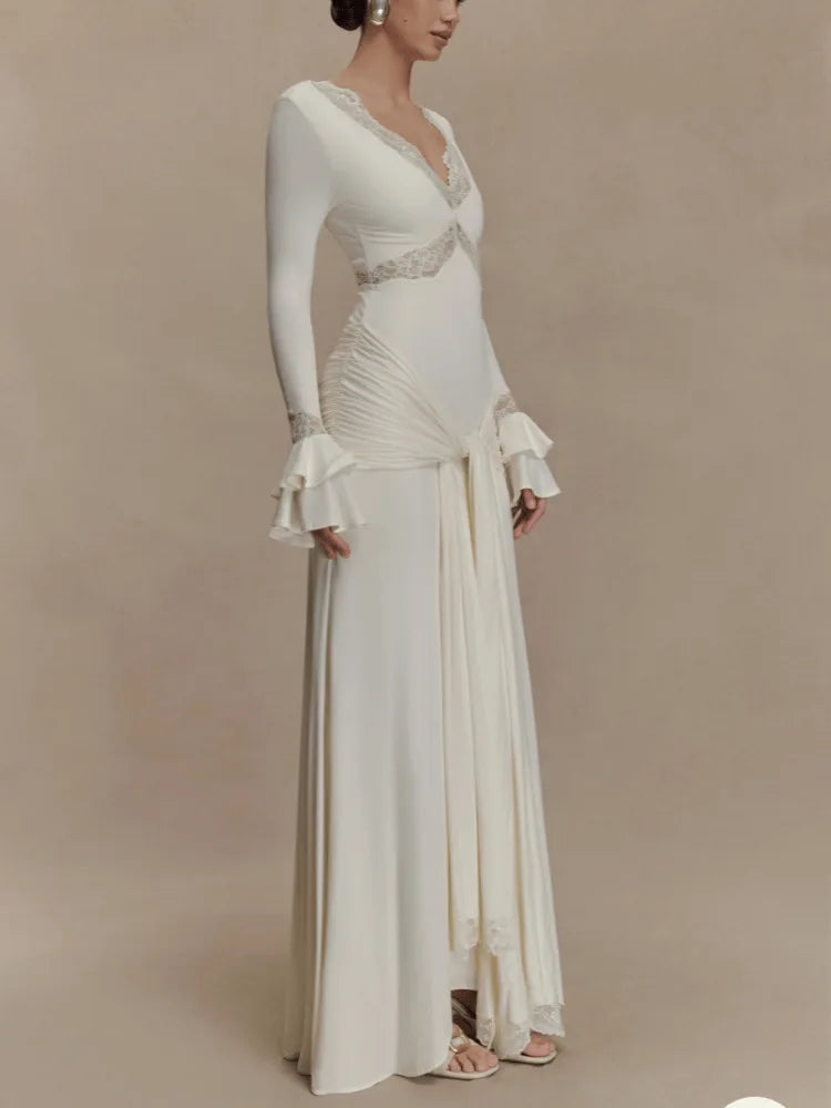 2025 Autumn Long Sleeve Sexy Maxi Dress For Women Fashion Lace Patchwork V Neck Backless Draped Ruched Club Party Long Dress