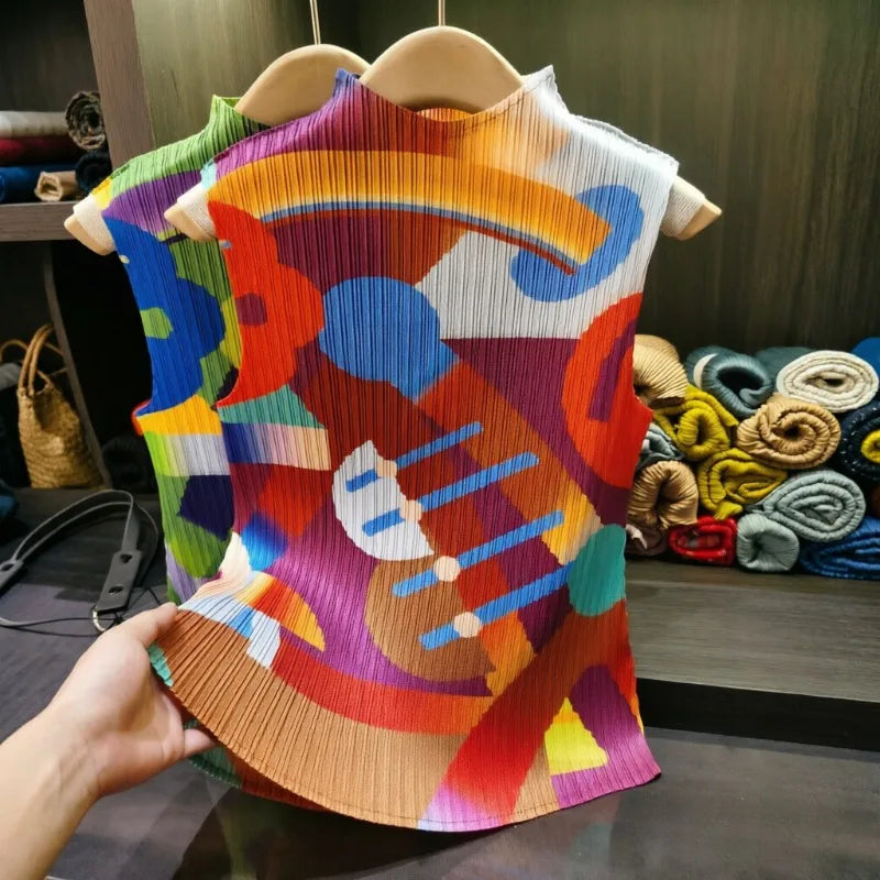 Miyake Pleated T-Shirt 2026 Summer New Art Print Half High Neck Vest Elegant Sleeveless Simple Fashion Tight Elastic Draped Top
