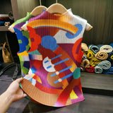 Miyake Pleated T-Shirt 2026 Summer New Art Print Half High Neck Vest Elegant Sleeveless Simple Fashion Tight Elastic Draped Top