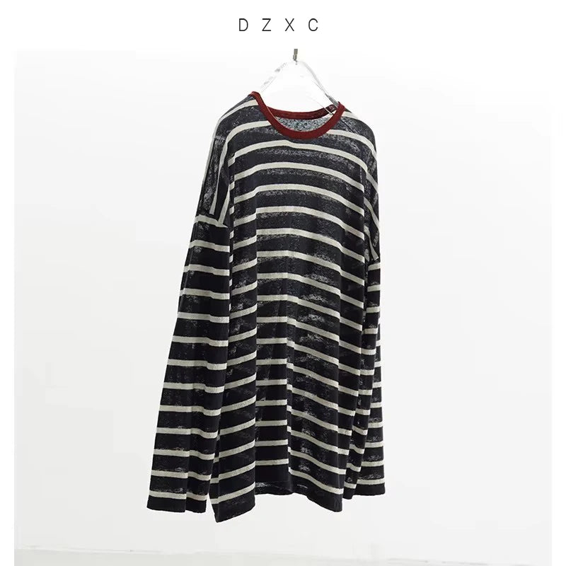 Classic Stripes~Linen Blend Long-Sleeved T-Shirt, Contrasting Color Casual Top, Lightweight Pullover for Women, New Style for Spring/Summer 2026