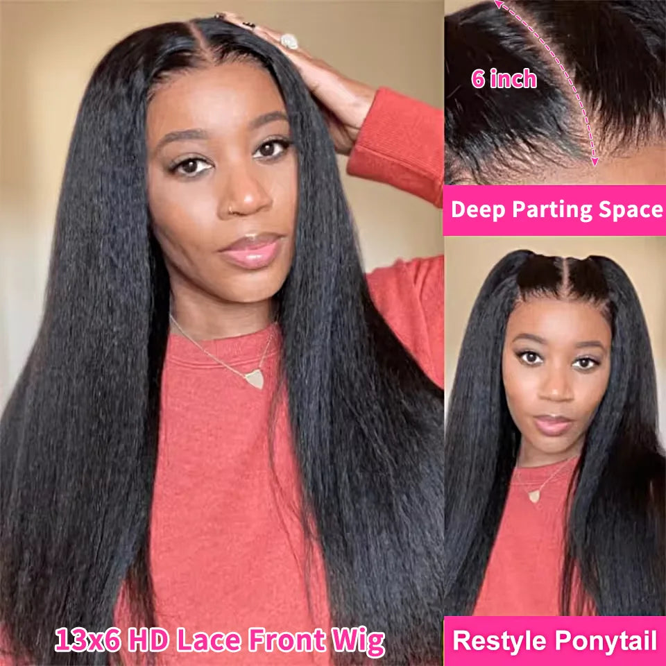 Glueless Kinky Straight Lace Front Human Hair Wig Yaki Straight 13x6 HD Lace Frontal Wig 7x5 HD Transparent Lace Closure Wigs