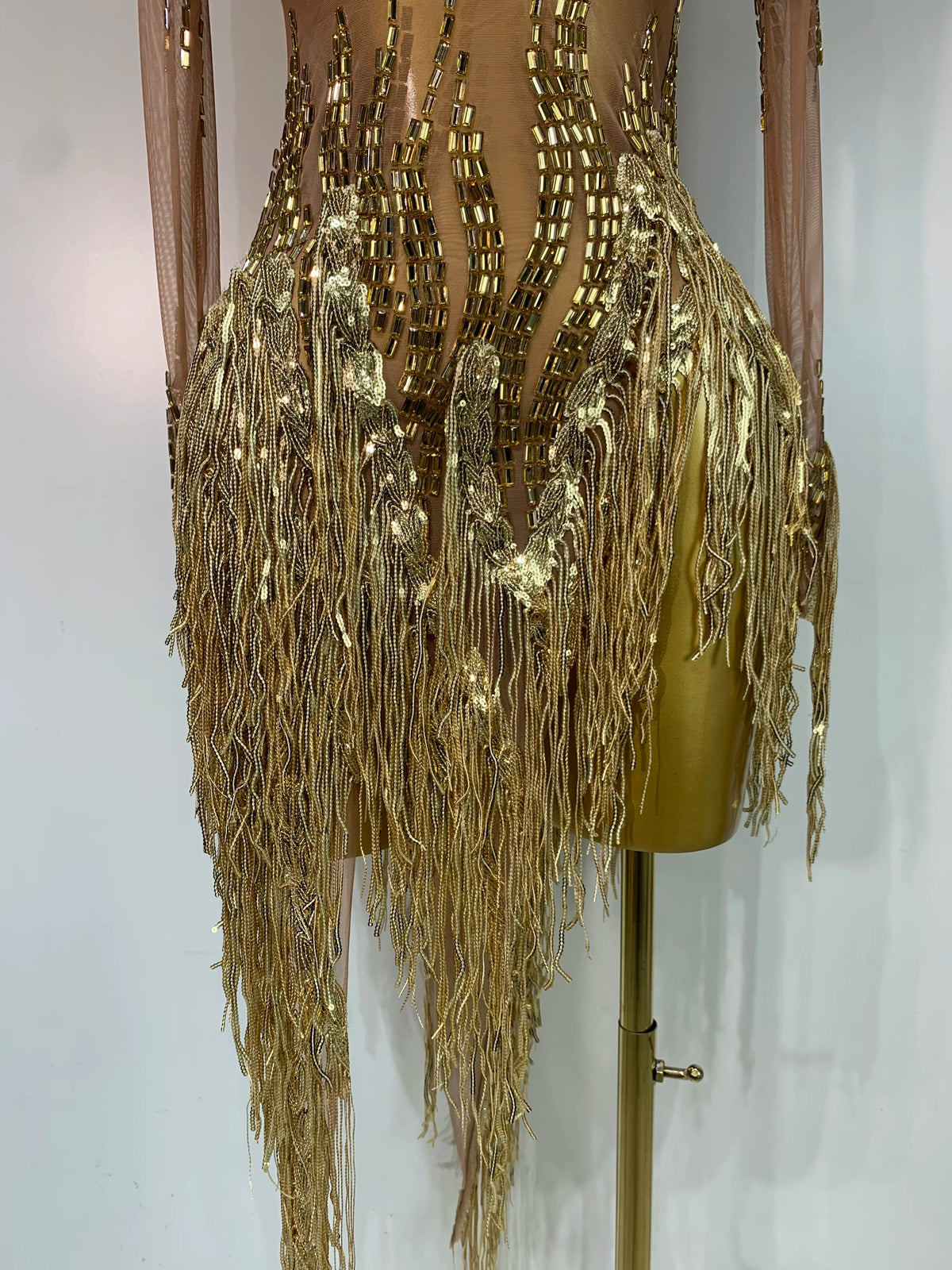 Sexy Stage Costume Sparkly Rhinestone Golden Tassel Mesh Dress Evening Party Luxury Birthday Nightclub Bar DJ Dancer Outfit