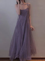 Slimming Effect Purple Mesh Ankle-Length Dress with Strap for plus Size Women Conceals Belly A-Line Gown Korean Style Commute...