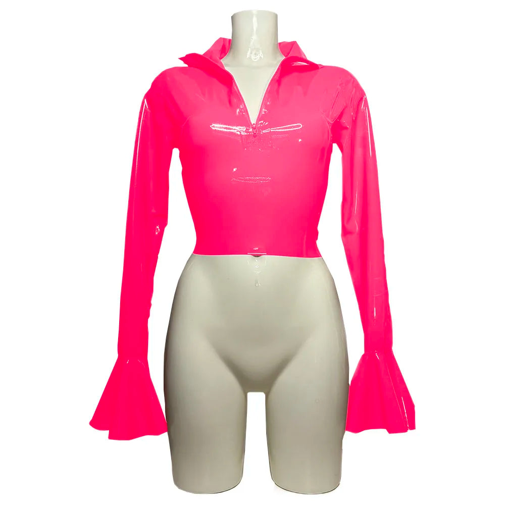 Punk Chic Flare Crop Tops,Long Sleeve,Vintage Pole Dance,Shiny PVC Leather T Shirt,Nightclub Fashion Tees,Female Pullover Blouse