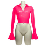 Punk Chic Flare Crop Tops,Long Sleeve,Vintage Pole Dance,Shiny PVC Leather T Shirt,Nightclub Fashion Tees,Female Pullover Blouse