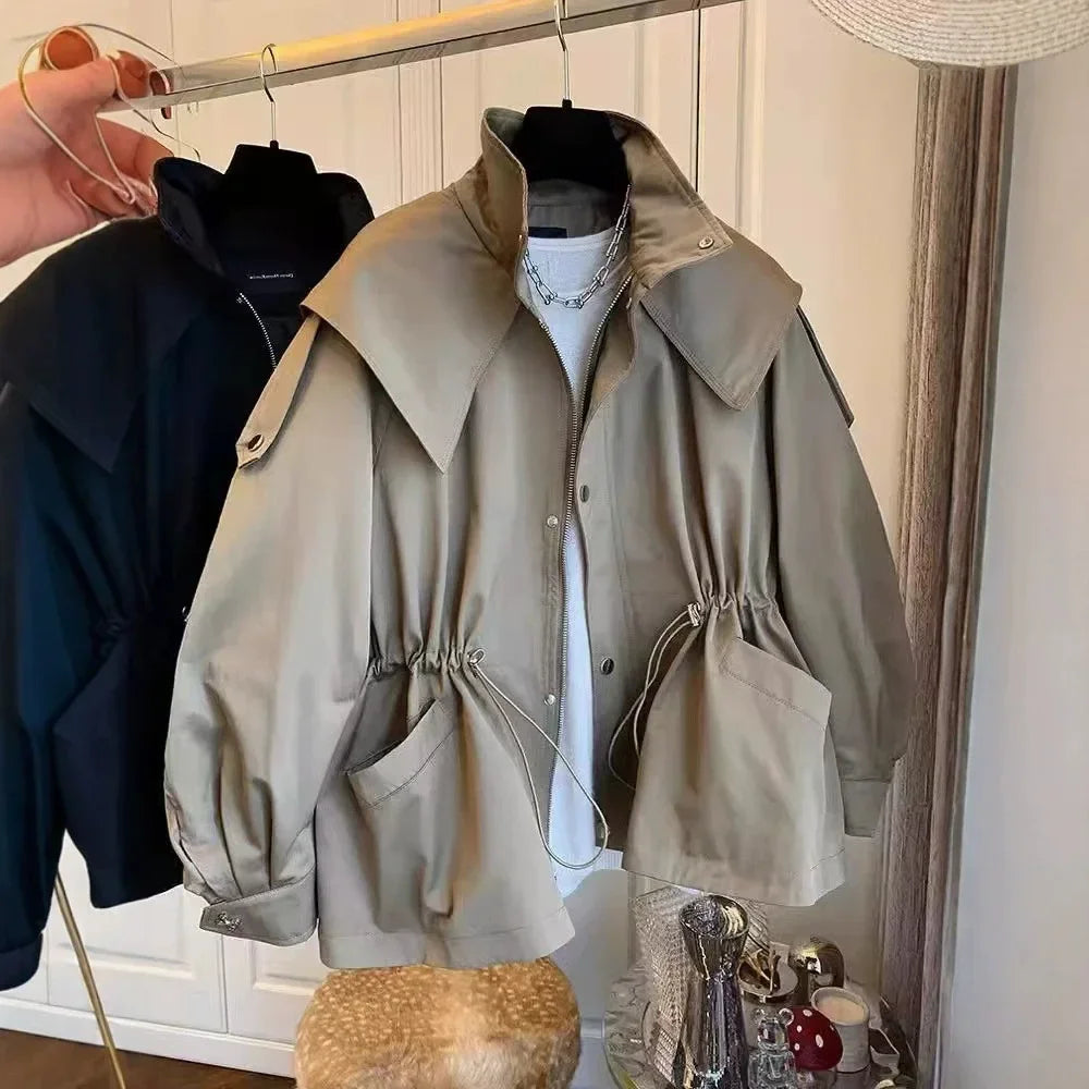2026 Fall High-Neck Zip Jacket for Women, Loose Fit with Drawstring, Color-Block, Street-Style Trendy Coat