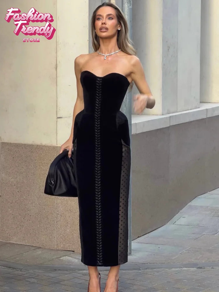 Heart Neck Strapless Velvet Dress Women Sexy Sleeveless Off Shoulder High Waist Slim Long Gown 2026 Elegant Party Evening Wear