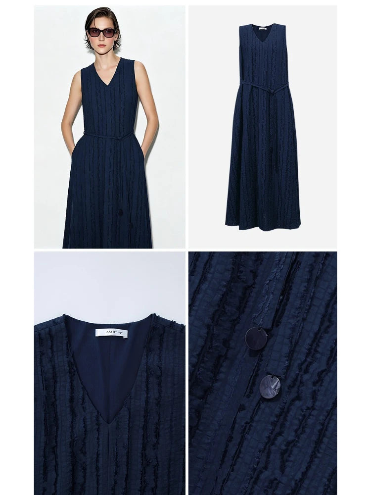 Amii Women's Casual Dresses 2026 Summer V Neck Belted Fringed Jacquard Elegant Sleeveless A-Line Midi Dress For Women 12652075