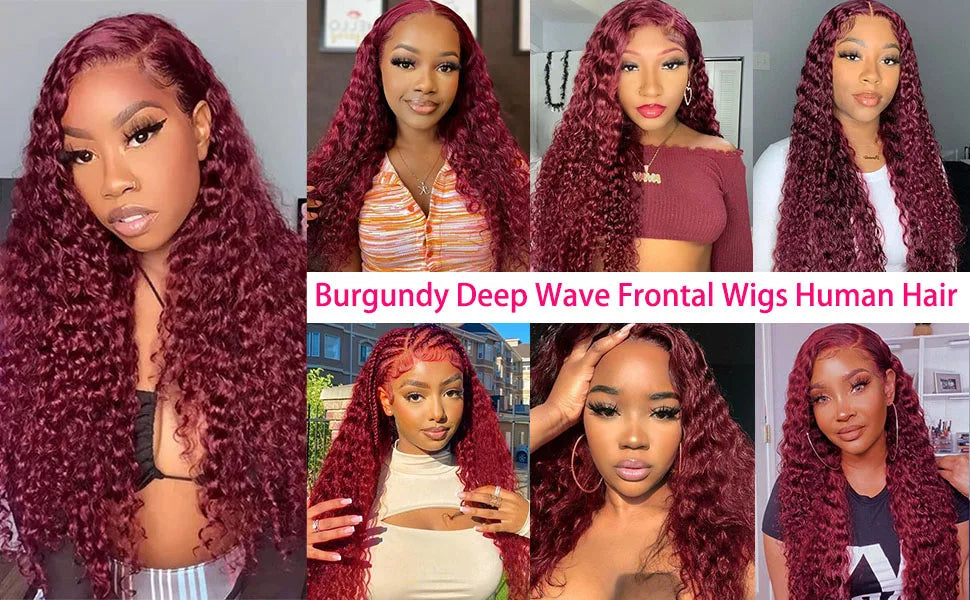30 40 Inch Burgundy 99j Deep Wave Frontal Wig Colored Curly Human Hair