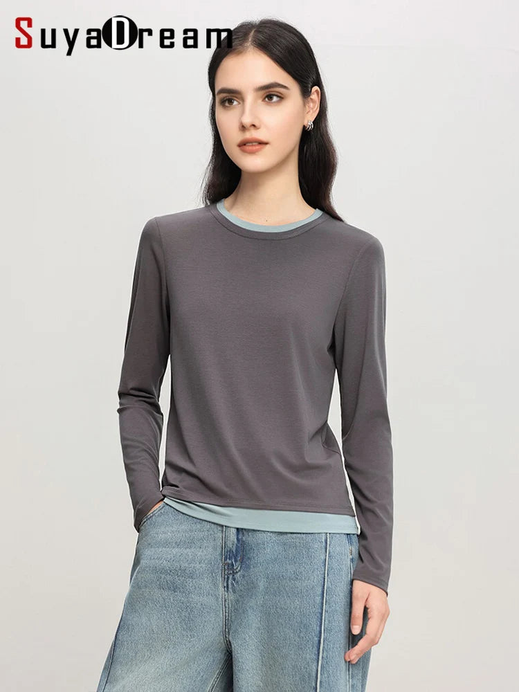 SuyaDream Women Cozy T Shirts, Silk Viscose Blend, Plain O Neck Long Sleeved Tee, 2025 Spring Autumn Basic Top, Black, Grey