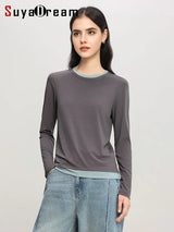 SuyaDream Women Cozy T Shirts, Silk Viscose Blend, Plain O Neck Long Sleeved Tee, 2025 Spring Autumn Basic Top, Black, Grey