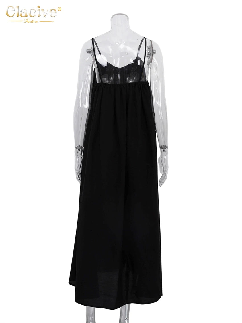 Clacive Summer Loose Black Women'S Dress 2023 Fashion Strap Sleeveless Ankle-Length Dresses Elegant Backless Female Sundress
