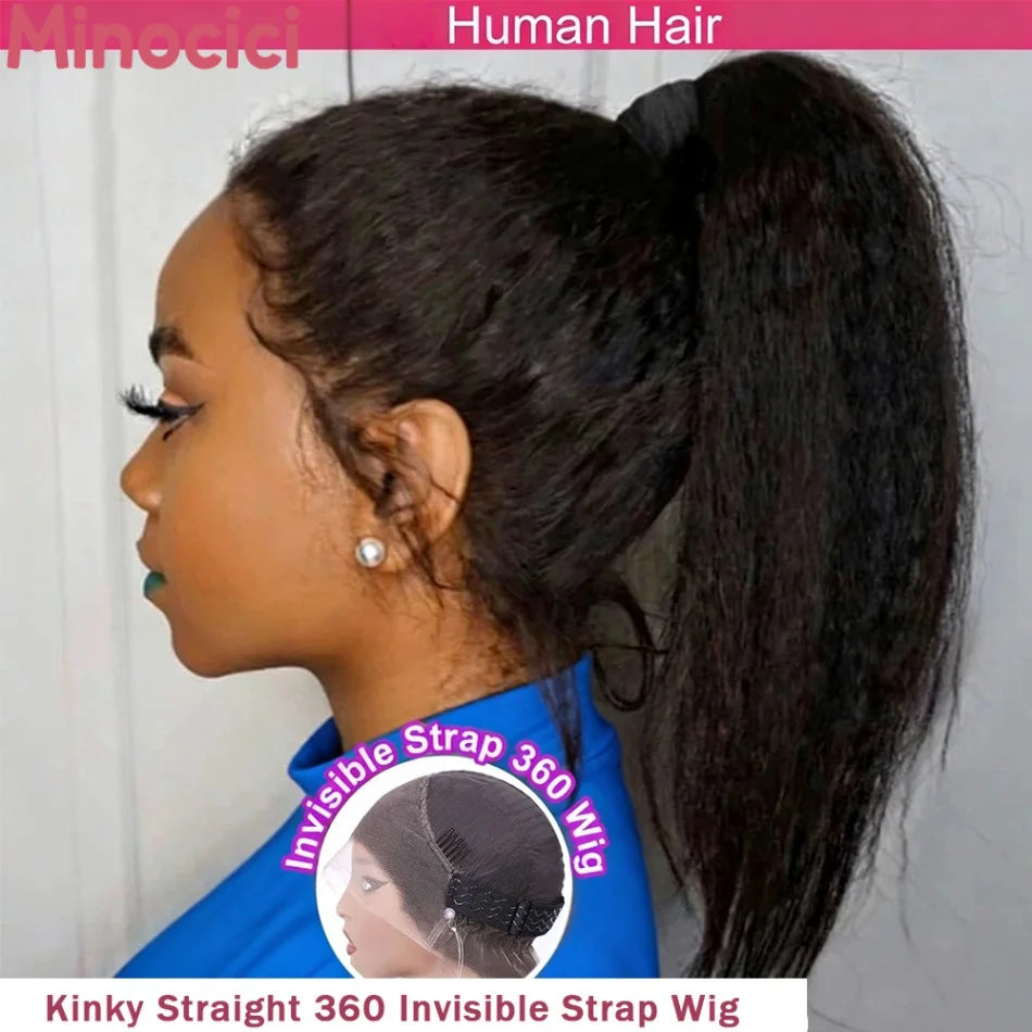 Kinky Straight Human Hair Wigs 360 Lace Front Wig Invisible Strap HD Pre Plucked Brazilian Hair 360 Full Lace Wig For Women 40In