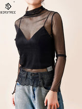 BirdTree, 100%Real Silk Girl Mesh T-shirt, Women Long Sleeve Transparent, Breathable Sexy Tops, 2026 Summer Autumn New T46587QM