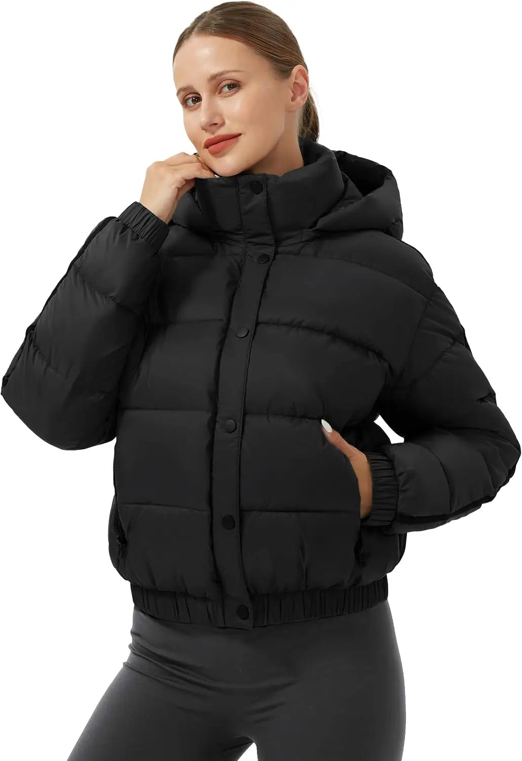 Pioneer Camp Women's Winter Cropped Puffer Jacket with Hood Waterproof Short Warm Quilted Jacket Puffy Bubble Coat Outerwear