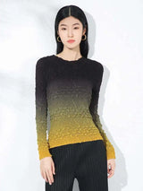 LANMREM Gradient Pleated T-shirt For Women Round Neck Long Sleeves Slim Thin Style Female Chic Top 2025 Spring New 2DB2141