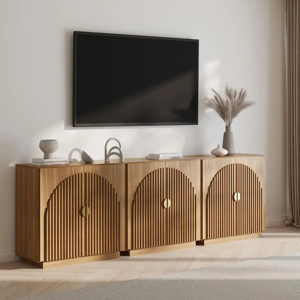 Set of 3 Modular Fluted Sideboard Buffet Cabinet with Storage, MidCentury Modern Console Table with Symmetrical Arched Doors, C