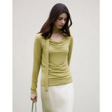 SuyaDream Women T Shirt, Wool Cotton Blend, Dropped Collar, Elegant Ribbon Tee, 2026 Fall Spring Solid Chic Top