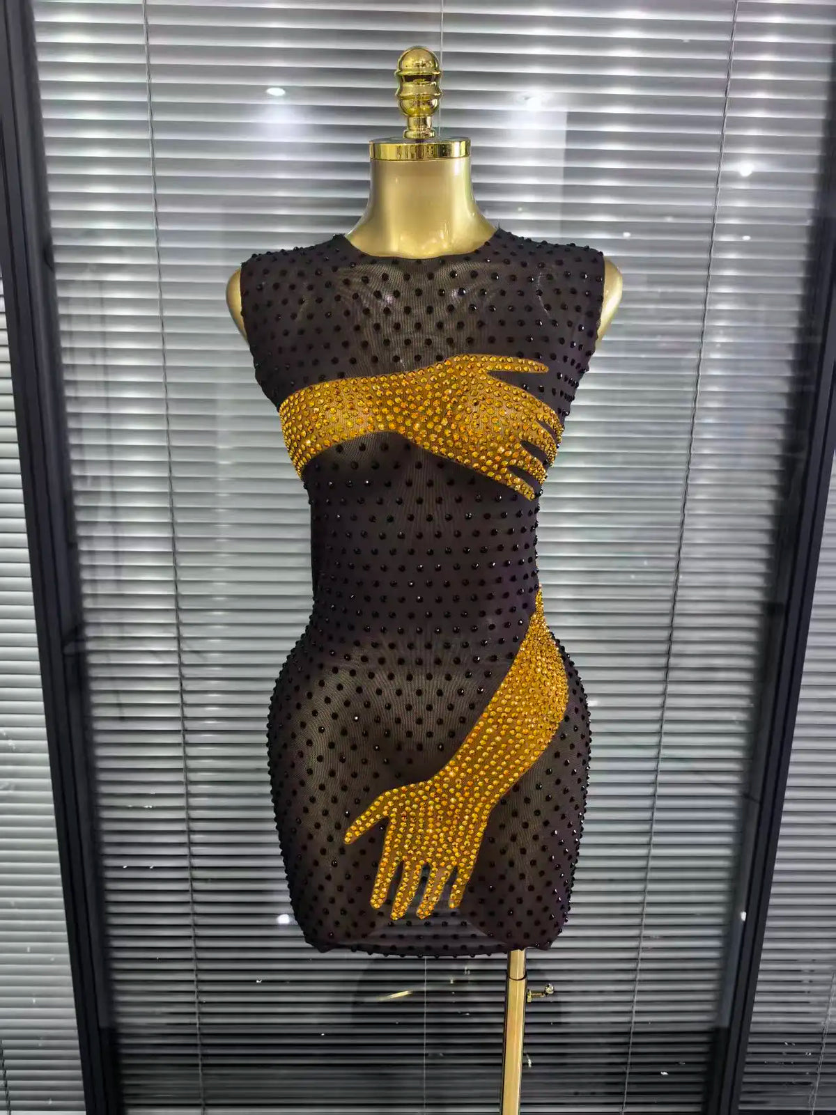Khaki Black Women Sleeveless Sexy O-Neck Mesh See Through Bodycon Mini Dress Shining Rhinestones Celebrate Nightclub Party Wear
