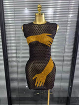 Khaki Black Women Sleeveless Sexy O-Neck Mesh See Through Bodycon Mini Dress Shining Rhinestones Celebrate Nightclub Party Wear