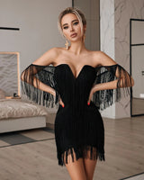 Summer Women Off Shoulder Bandage Dress Sexy Strapless Tassel Night Club Celebrity Evening Party Mini Bodycon Dress Vestido