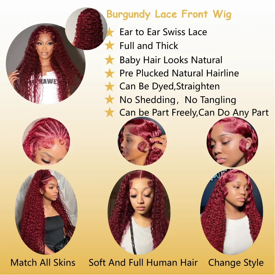Dixtefo Burgundy Deep Wave Wigs Lace 200 Density 36 Inches Lace Frontal Human Hair for Women