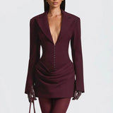 2025 Fashion Solid Color Mini Dress Autumn Winter Sexy Deep V Waist A-line Dress Women Elegant Temperament Pleated Evening Dress