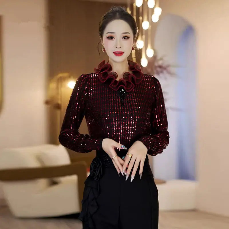 Beaded Half-high Neck Bottoming Shirt with New Velvet Lace Tops on the Autumn and Winter
