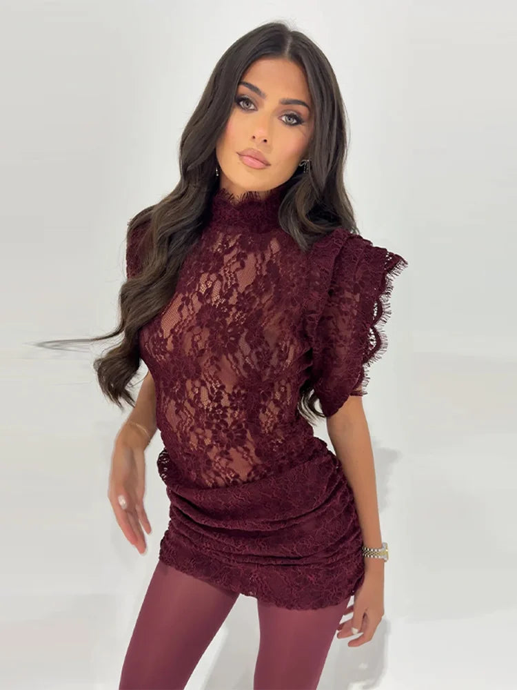 Sexy Lace See Through Party Dress Women Slim Fly Sleeve O-neck Evening Solid Dresses Female 2026 Patchwork Pleated Robe Lady
