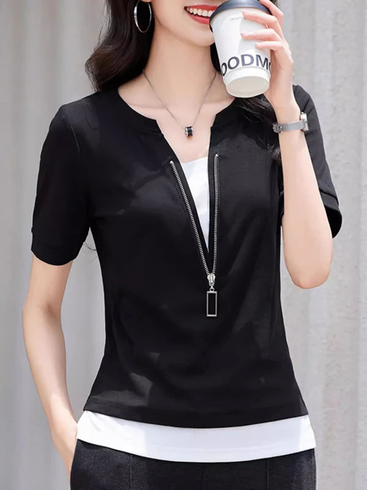 New Women Patchwork Contrast Color T-shirt Fashion Zipper V-Neck Short Sleeve Slim Tees Simplicity Casual Summer T-shirt