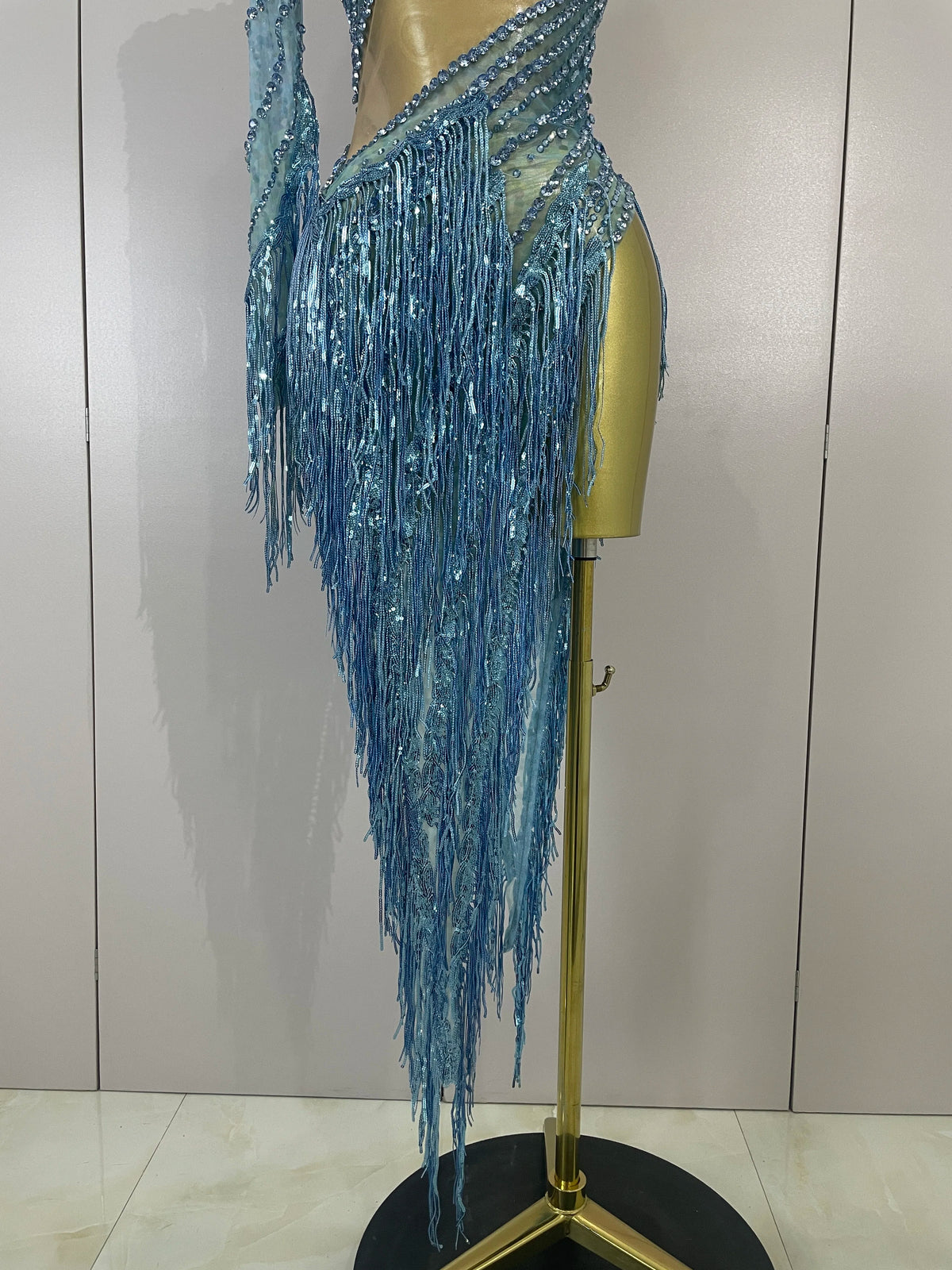 Sexy Latin Dance Outfits Sparkly Diamond Blue Rhinestone Mesh One Shoulder Tassel Dress Eveing Party Bar Nightclub Stage Costume