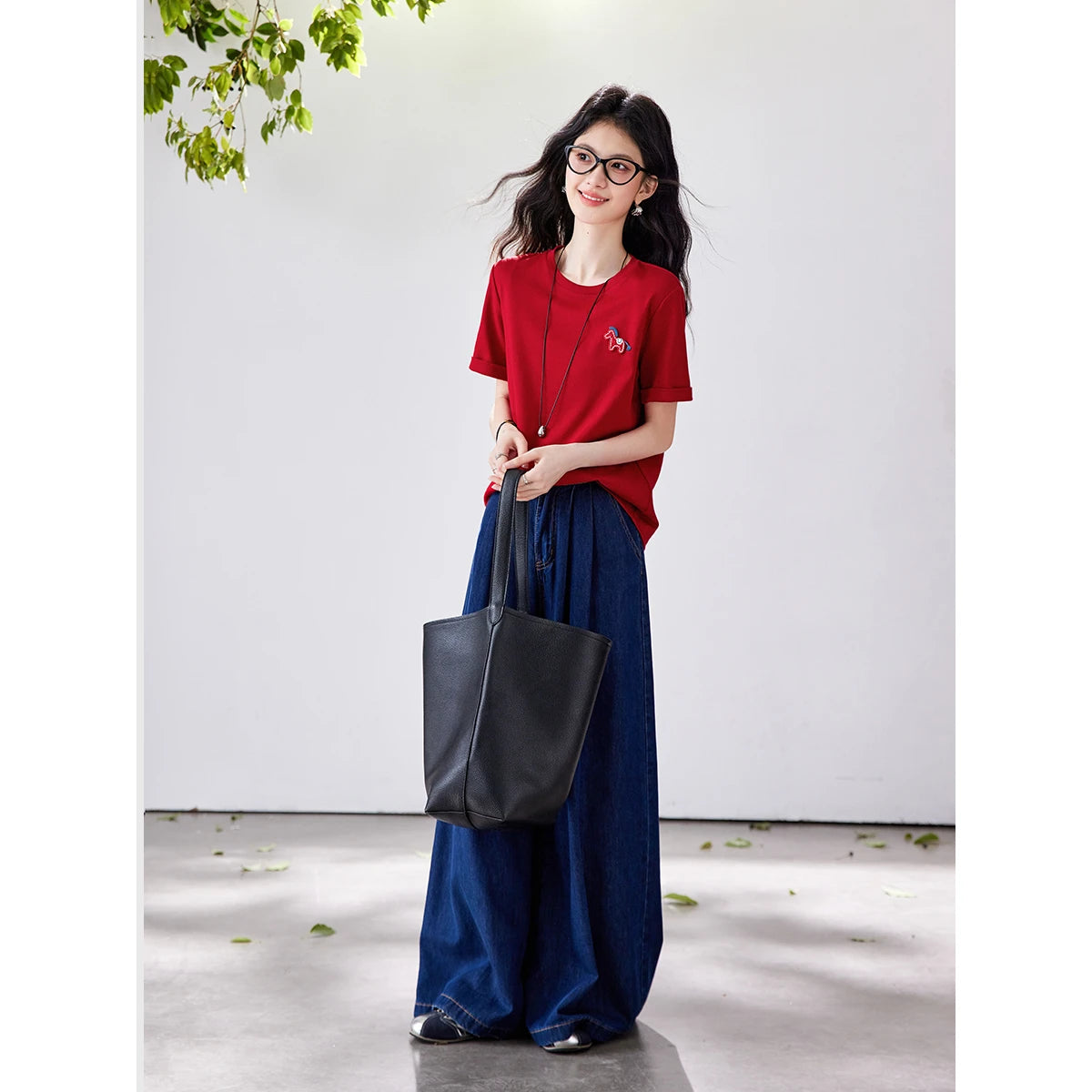 VIMLY Women's Casual Versatile Red T-Shirt 2026 Summer New Office Fashion Fun Pony Embroidery Crew Neck Short Sleeve Top A6279