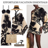 Retro Women Oblique Shoulder Printed Mini Dress Summer Popular European and American Sexy Slim Fit Fashion Printed Dress Women