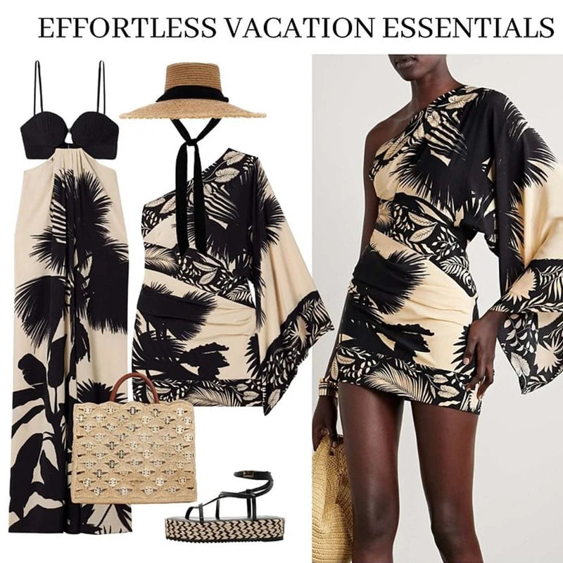 Retro Women Oblique Shoulder Printed Mini Dress Summer Popular European and American Sexy Slim Fit Fashion Printed Dress Women