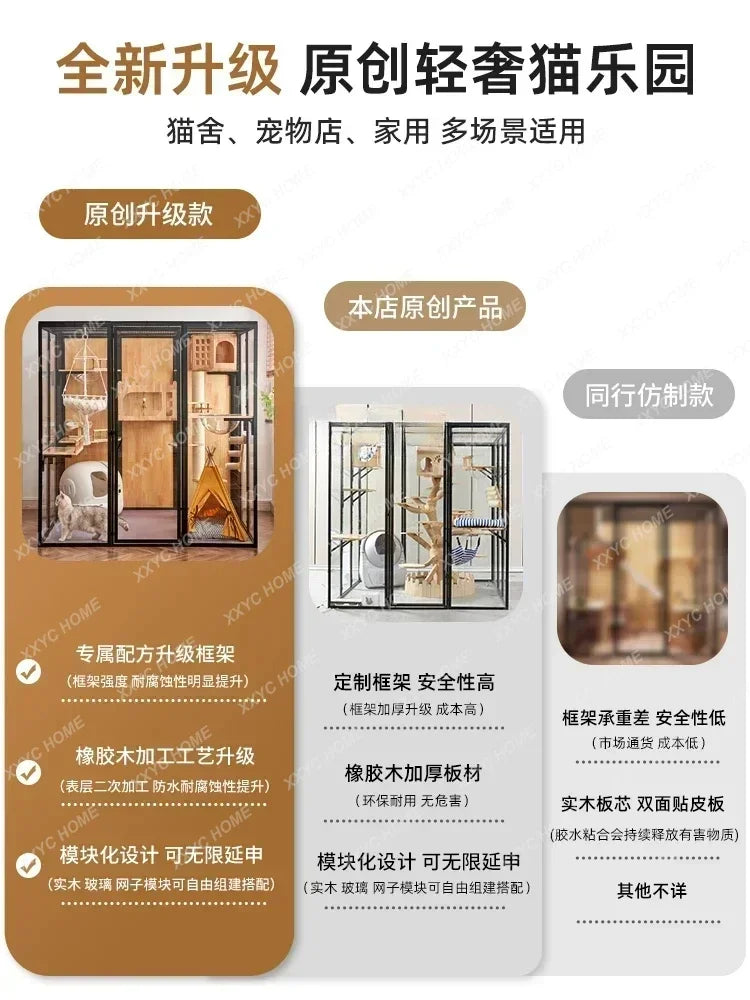 AACat Villa Solid Wood Large Free Space Cat House Pet Shop Cat Villa Deluxe Glass Room