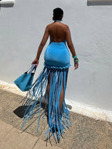 Sexy Halter Neck Patchwork Twist Knot Tassels Long Dress Women Blue Velvet Sleeveless Backless Dresses Evening Party Cocktail