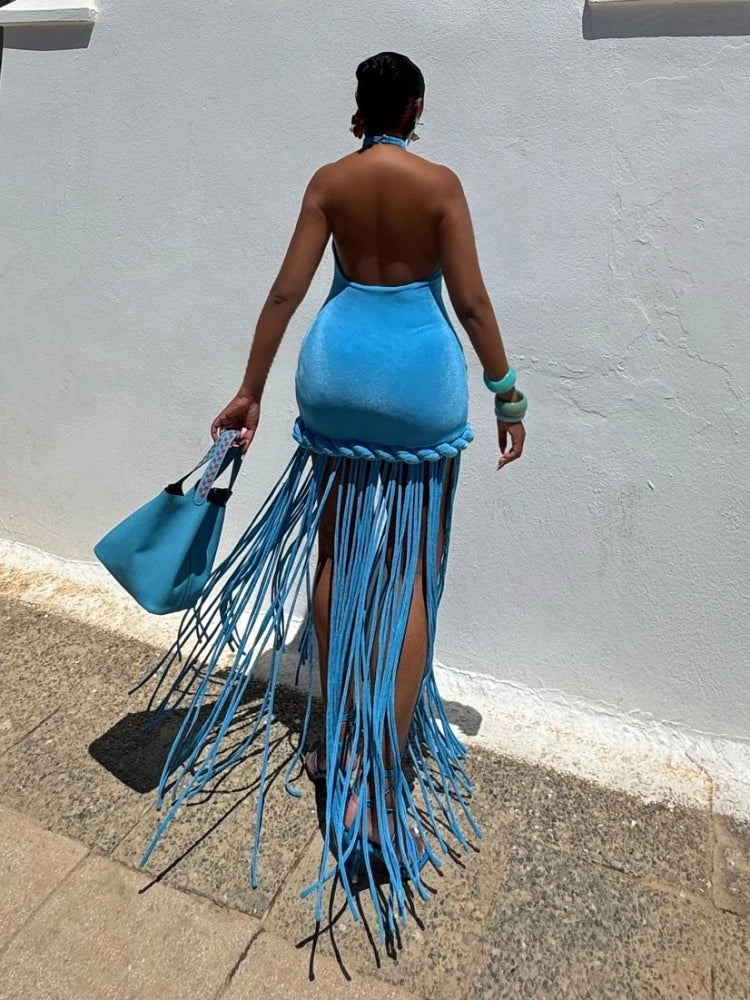 Sexy Halter Neck Patchwork Twist Knot Tassels Long Dress Women Blue Velvet Sleeveless Backless Dresses Evening Party Cocktail