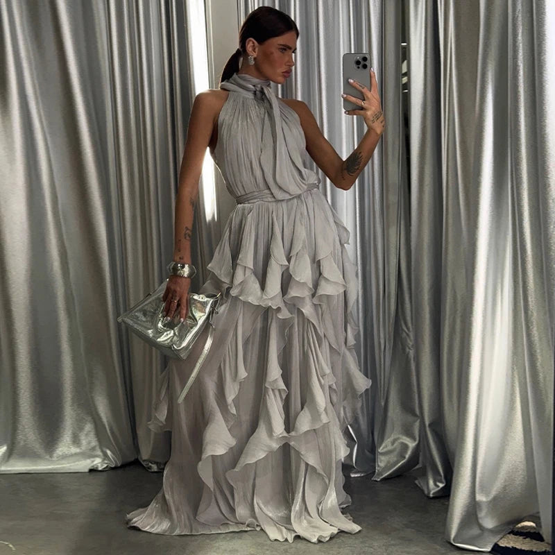 Sexy Cascading Ruffle Pleated Women's Long Dress Fashion Lace Up Sleeveless Empire Female Dresses 2026 Spring Summer Lady Robe