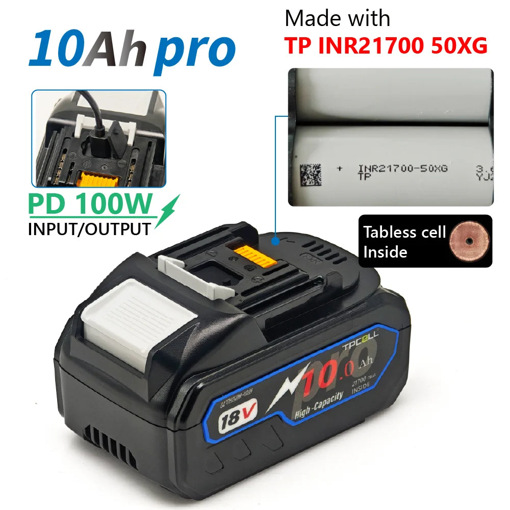TPCELL PD100W 8Ah/10Ah For MAKITA 18V with USB-C Connector 21700 Tabless Cells Replacement Battery Power Tools Li-ion