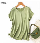 Benefits! Flowing Gem Series Basic Style Versatile Round Neck 100% Mulberry Silk Short Sleeve Silk Satin T-Shirt Top