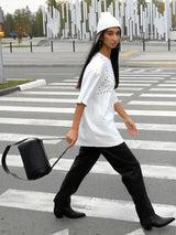 Fashion Black White Versatile Temperament Tops Niche Round Neck Rivet T-shirts 2025 Spring Summer Loose Solid Color Loose Tops