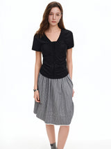 DUSHU Layered Wooden Collar T-Shirt with Pleated Straps and Waist-Defining Detail 2026 Summer New Arrival Style for Slimming Fit