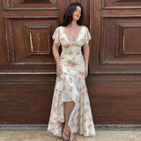 Floral Print Lace Trim Flutter Sleeve Maxi Dress Deep V-Neck High-Low Chiffon 2026 Summer Chic Romantic Women Feminine Gown